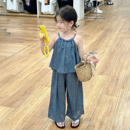 童装女夏季套装2026新款洋气时髦吊带背心儿童牛仔裤防蚊裤