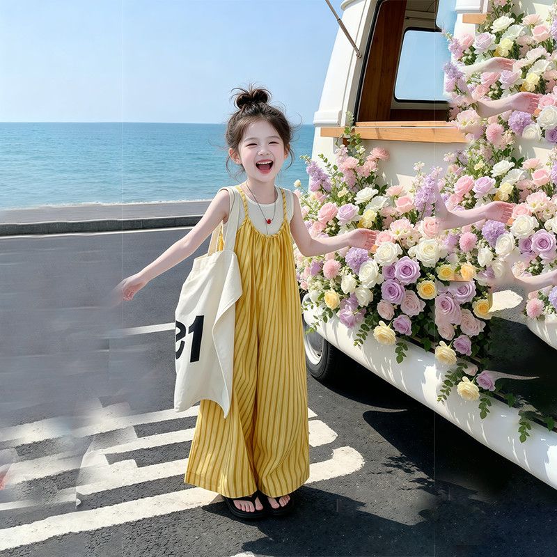 女童背带裤2026年儿童夏装吊带条纹背带裤女宝时尚两件套多巴胺图片
