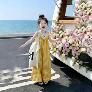 女童背带裤2026年儿童夏装吊带条纹背带裤女宝时尚两件套多巴胺