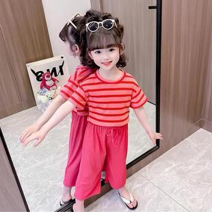 夏季 女童短袖 套装 洋气2026新款 宝宝条纹t恤两件套 儿童时髦防蚊裤