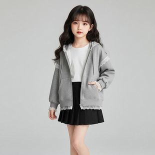 2026秋冬季女童韩系运动外套加绒休闲女大童洋气连帽蕾丝卫衣上衣