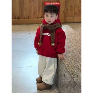 男童过年红色套装2026秋冬新款儿童宝宝洋气加绒加厚卫衣裤子拜年