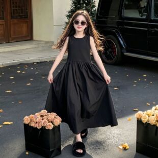 女童夏季连衣裙2026新款儿童洋气裙子女孩初中生背心法式黑色长裙