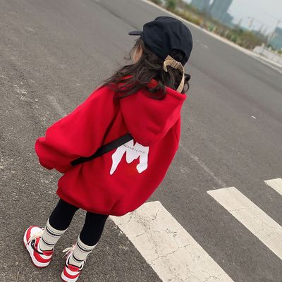 女童卫衣加绒中长款韩版女宝宝上衣冬季儿童套头连帽加厚冬装童装