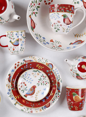 新款法式红色花鸟餐盘碗勺个性时尚家用餐具创意马克杯咖啡杯陶瓷
