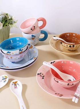 迪士尼米奇正版卡通陶瓷餐具碗盘勺礼盒装一人食儿童用喝水杯送礼