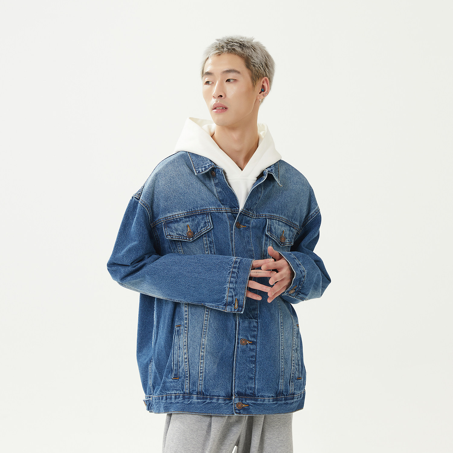 渐变多口袋翻领水洗牛仔夹克情侣休闲外套N605/P105/控价158,男装夹克,星座202-1