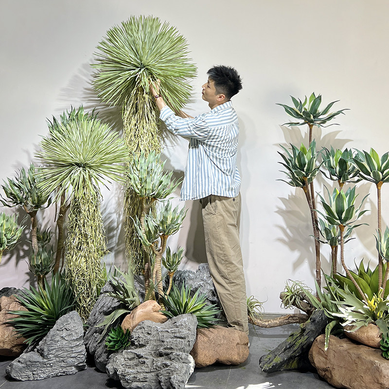 仿真波叶金边龙舌兰稻草人沙漠绿植物盆栽庭院阳台热带风造景装饰