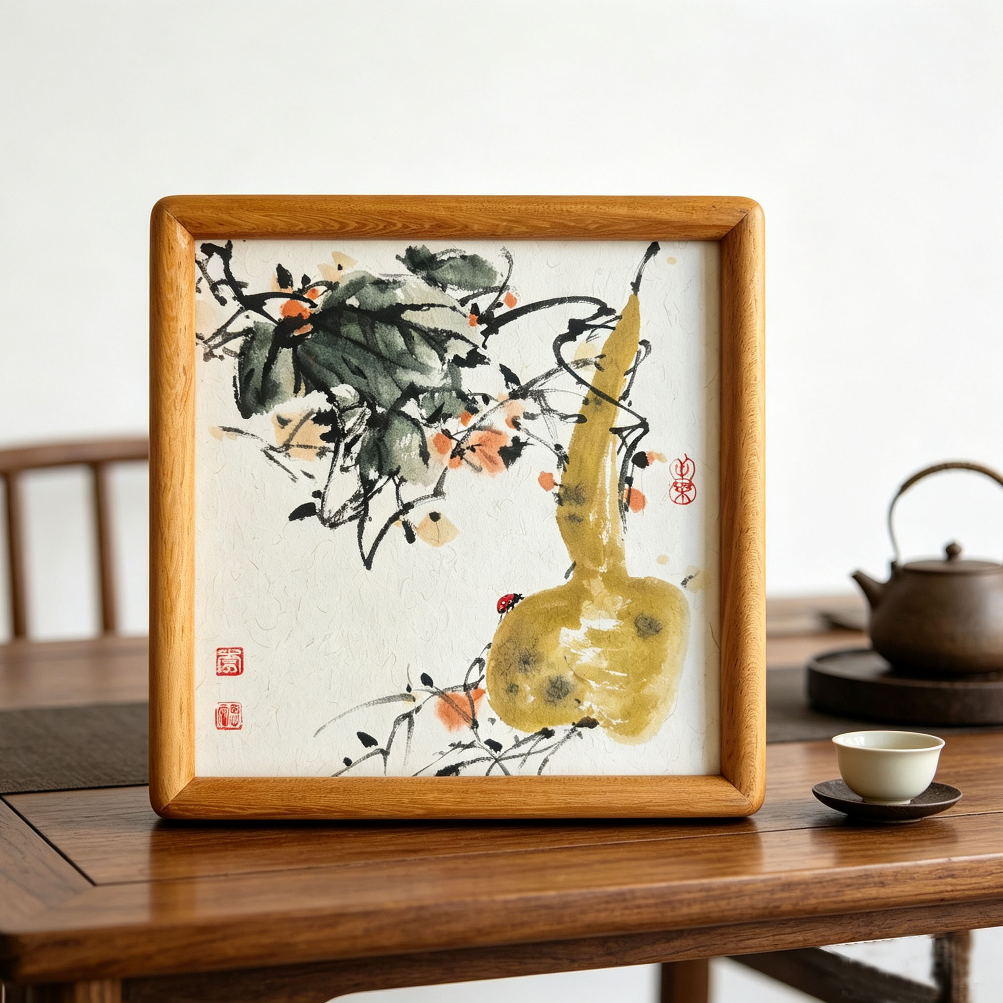 中式国风手绘花鸟山水画木质相框摆件客厅茶室装饰画框创意摆台