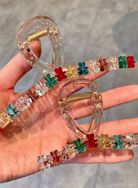 重工水晶彩虹小熊抓夹可爱甜美糖果色鲨鱼夹时尚少女后脑勺盘发夹