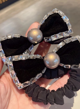 秋冬新款超闪水晶丝绒蝴蝶结珍珠发绳发圈韩版时尚气质马尾扎头绳