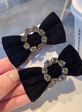高级感轻奢黑色丝绒蝴蝶结合金鸭嘴夹灰水钻圆形镶钻韩版发夹边夹