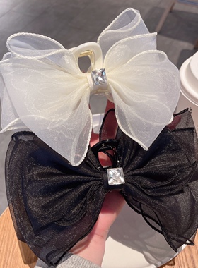 超仙双面欧根纱大蝴蝶结水钻抓夹仙女甜美大号鲨鱼夹优雅气质发夹