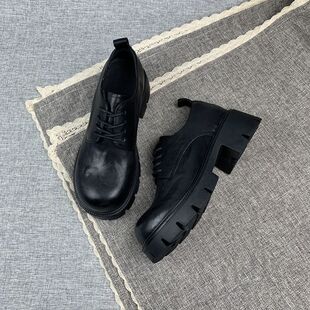 真皮马皮!!春季新款黑色百搭女式小皮鞋厚底增高5cm乐福鞋单鞋