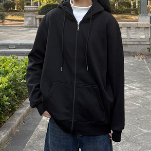 加绒连帽卫衣女宽松拉链开衫外套加厚黑色简约冬季新款开衫上衣