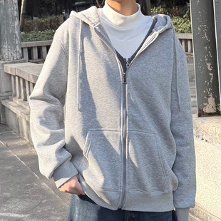 加绒连帽灰色卫衣拉链开衫女秋冬新款外套休闲慵懒风宽松厚上衣