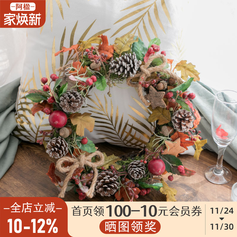 复古松果干花环墙饰圣诞氛围布置