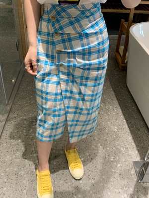 东大门韩国格子褶皱纽扣半身裙