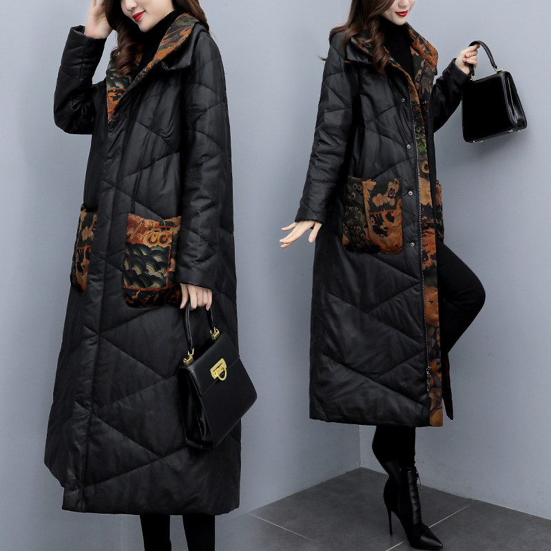 pu皮羽绒服女2025新款冬季大码女装中长款过膝白鸭绒加厚黑色外套