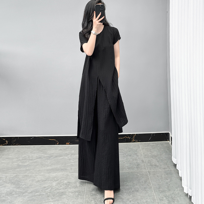 夏季阔腿裤套装女2025新款高级感减龄洋气大码显瘦时髦黑色两件套