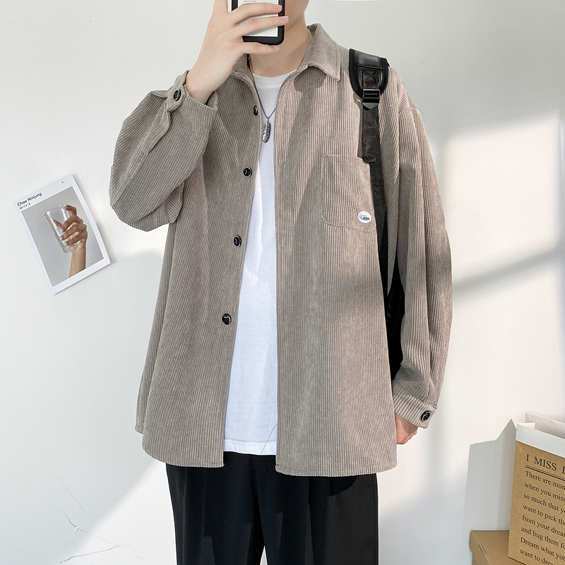 XZ413-HW303_P45-2023秋装新款纯色灯芯绒港风休闲潮流长袖衬衫