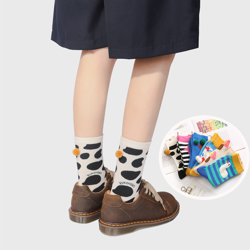 卡通动物园！秋冬可爱甜美纯棉高帮短袜球球校园学院风堆堆中筒袜