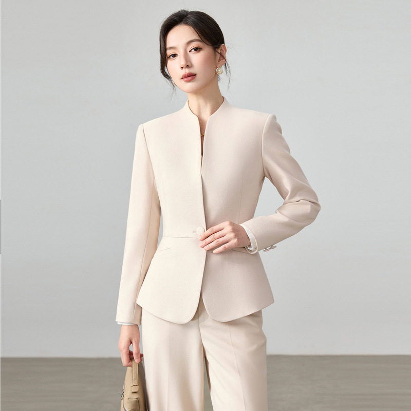 杏色职业套装女长袖西装移动客服工装酒店前台接待珠宝店工作服