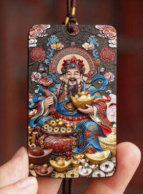 吊坠无事牌聚宝盆财神彩绘木牌挂饰古夷苏木东非酸枝木文创个性木