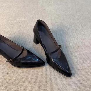 羊皮版~法式复古玛丽珍鞋女新款尖头粗跟一字扣带高跟单鞋小皮鞋