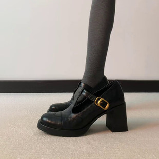 羊皮版~复古圆头气质T字扣带高跟玛丽珍小皮鞋通勤高跟鞋粗跟单鞋
