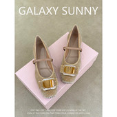 通勤百搭平底芭蕾舞单鞋 法式 气质方头水钻蝴蝶结一字带玛丽珍时尚