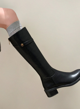 ins花落谁家！巨显瘦~真皮靴子女长筒靴中跟2025新款不过膝骑士靴