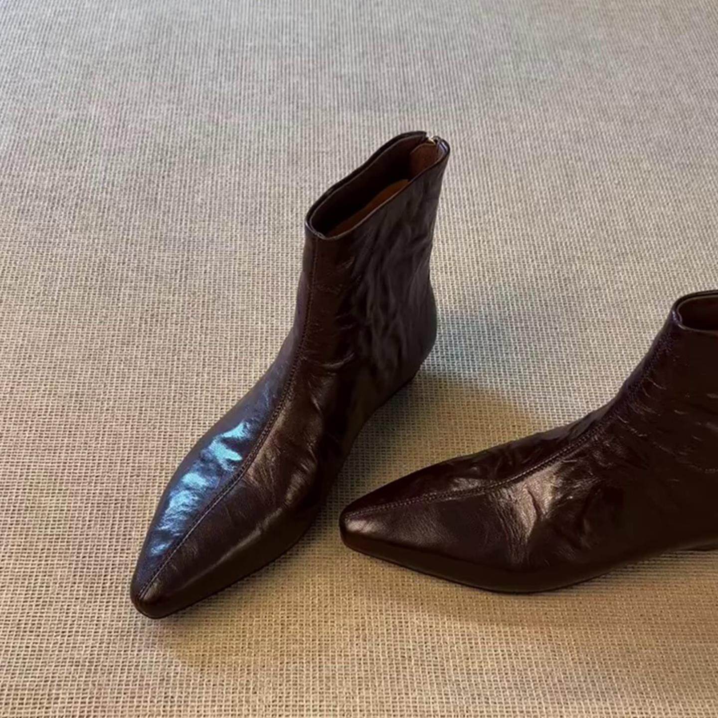 羊皮版~复古尖头粗跟短靴女百搭显瘦内增高时装靴设计感秋季裸靴,女鞋,时装靴,淘宝优惠券,粉丝福利购,淘宝优惠卷