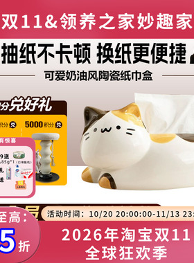 领养之家 陶瓷纸巾盒轻奢可爱奶油风翘尾猫摆件