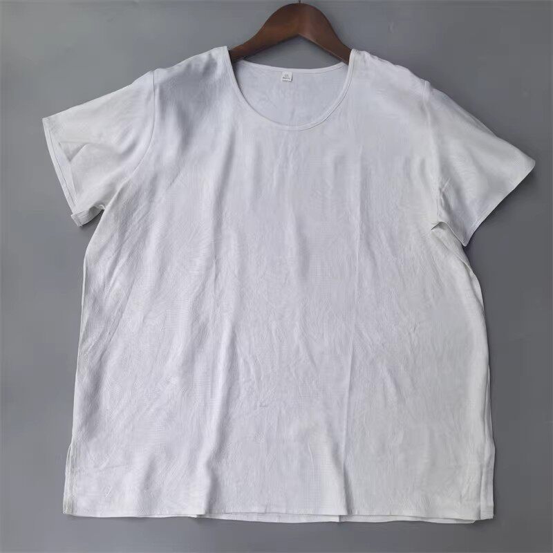 捡漏款 乳白色绢纺提花套头衫100%真丝桑蚕丝圆领短袖上衣女T恤新