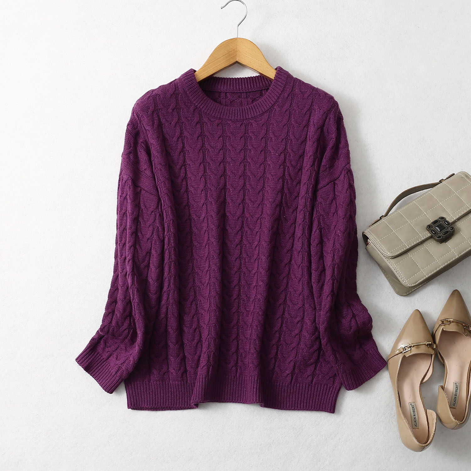 新年新品纯色绢丝羊绒混纺粗毛线麻花慵懒风套头毛衣加厚针织衫