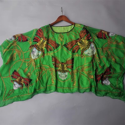 新品瑕疵 100真丝乔其防晒披肩款半袖上衣桑蚕丝真丝绿花衬衫套衫