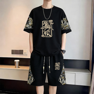 新中式华夫格短裤套装印花短袖t恤男夏季大码宽松休闲运动五分裤