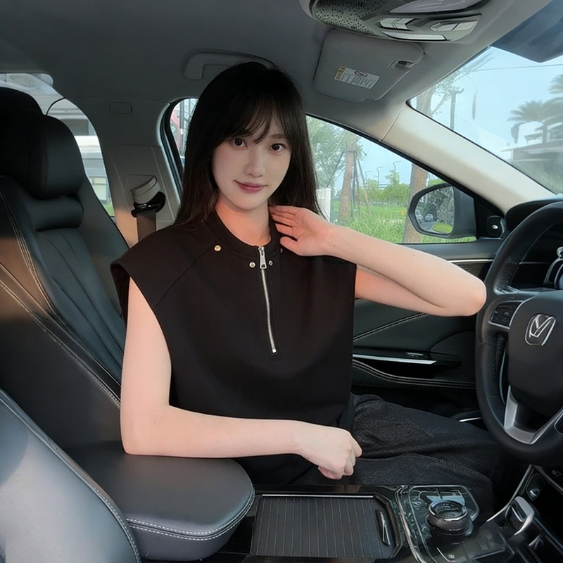 美式高街铆钉半拉链坎肩背心t恤男夏季大码宽松休闲运动无袖上衣