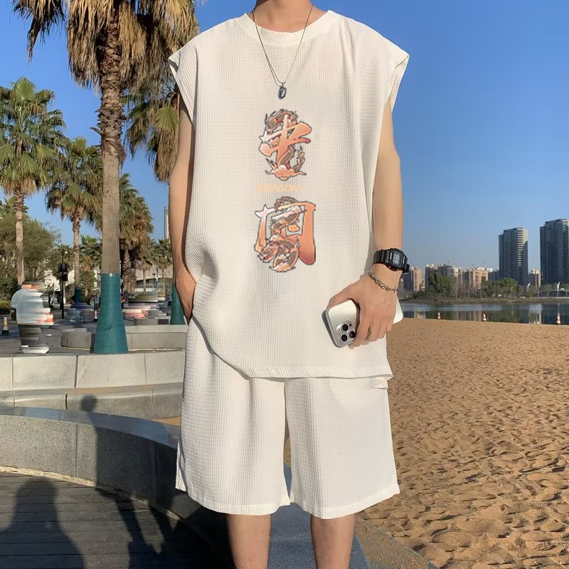 夏季坎肩背心t恤华夫格冰丝休闲套装潮牌大码宽松运动短裤两件套