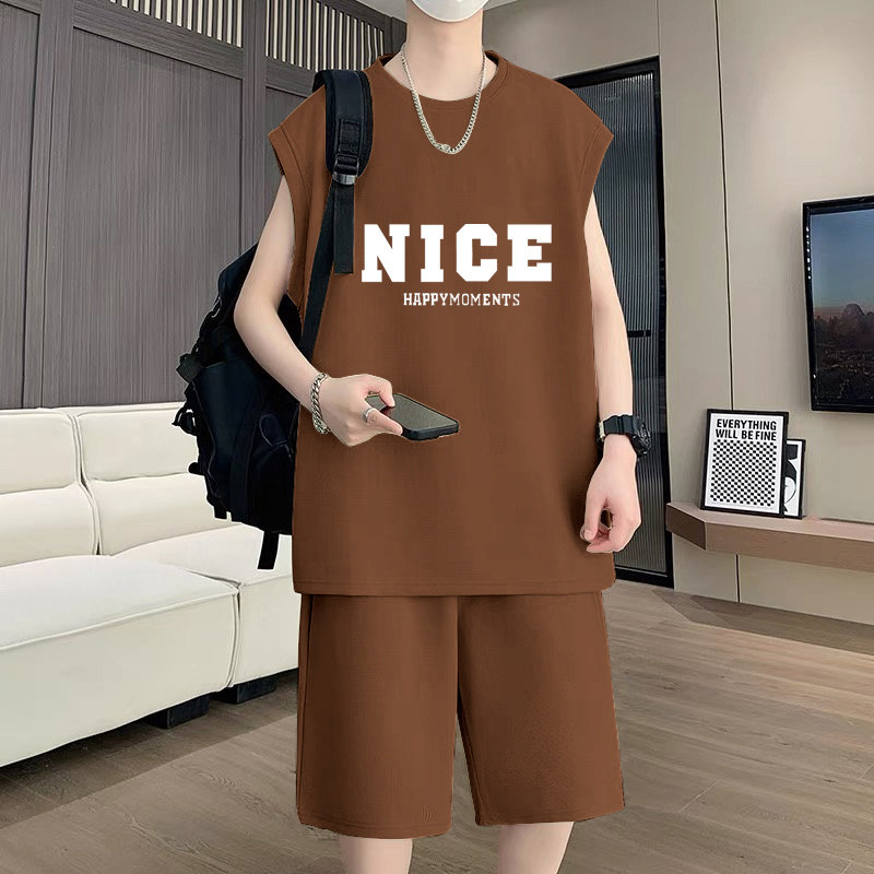 夏季华夫格冰丝无袖套装t恤男士大码背心坎肩休闲运动短裤两件套,男装,休闲运动套装,淘宝优惠券,粉丝福利购,淘宝优惠卷