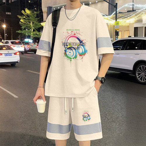 潮流华夫格拼色套装冰丝短袖T恤