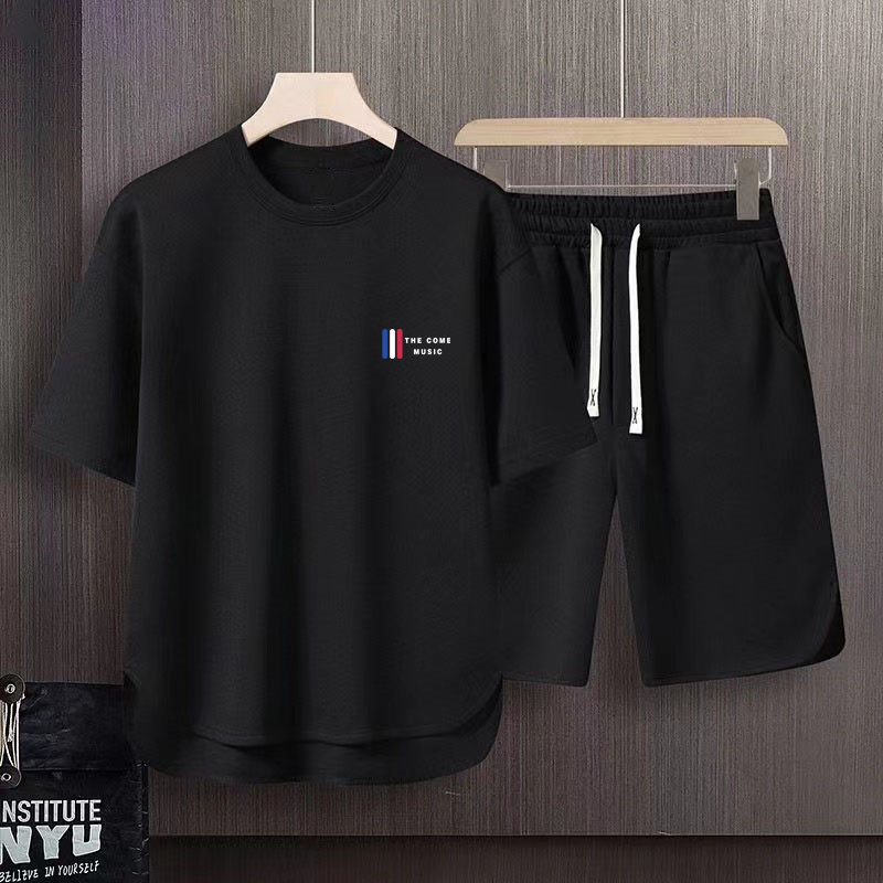 夏季青少年休闲套装学生印花冰丝短袖t恤帅气宽松运动短裤两件套