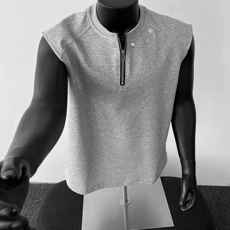 重磅半拉链铆钉坎肩背心t恤男2026夏季新款大码休闲运动无袖上衣