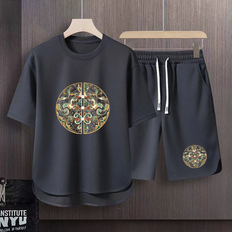 青少年时尚冰丝华夫格套装夏季短袖T恤男宽松休闲运动短裤两件套