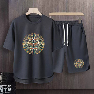 青少年时尚冰丝华夫格套装夏季短袖T恤男宽松休闲运动短裤两件套