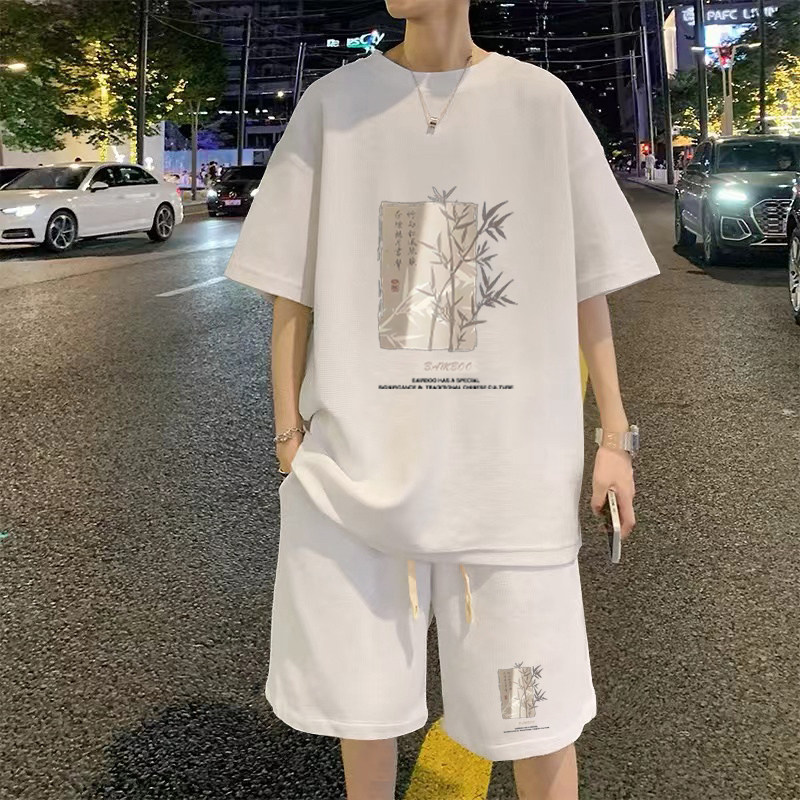 华夫格冰丝休闲套装夏季短袖T恤男士港风大码宽松运动短裤两件套,男装,休闲运动套装,淘宝优惠券,粉丝福利购,淘宝优惠卷