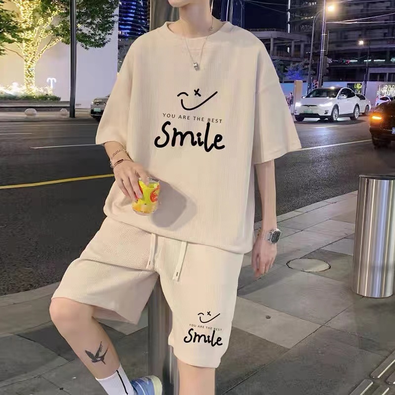 青少年华夫格短裤休闲套装夏季