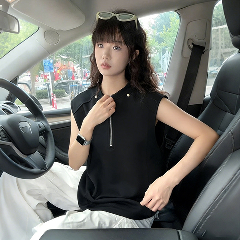 夏季高街铆钉半拉链坎肩背心t恤青少年大码宽松休闲运动无袖上衣