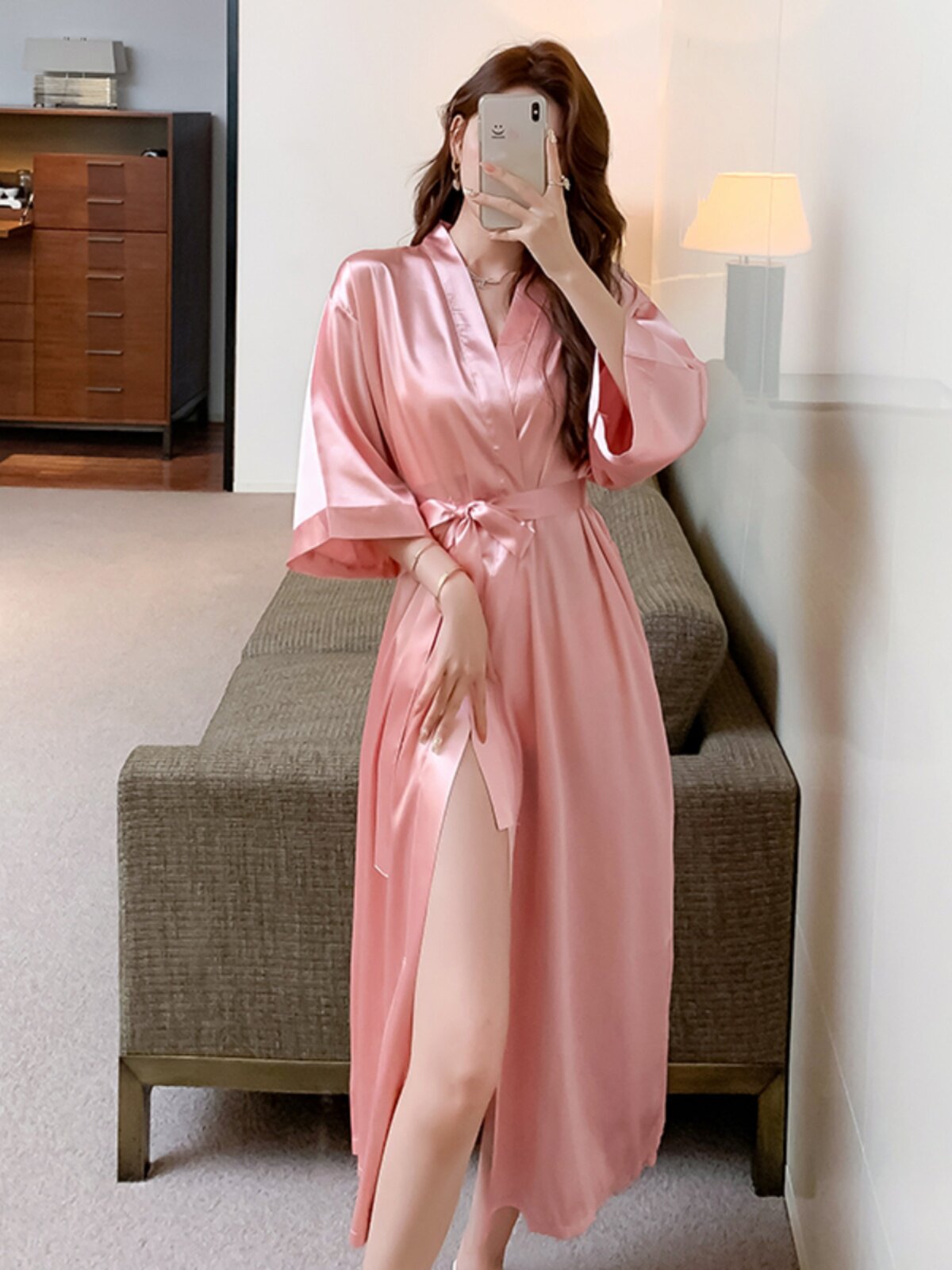 PALACE-STYLE HIGH-END SUMMER DRESSING GOWN WOMENS BATHROBE-STYLE SUMMER PINK MORNING ROBE SISTERHOOD PARTY MID-LENGTH SMALL MAN
